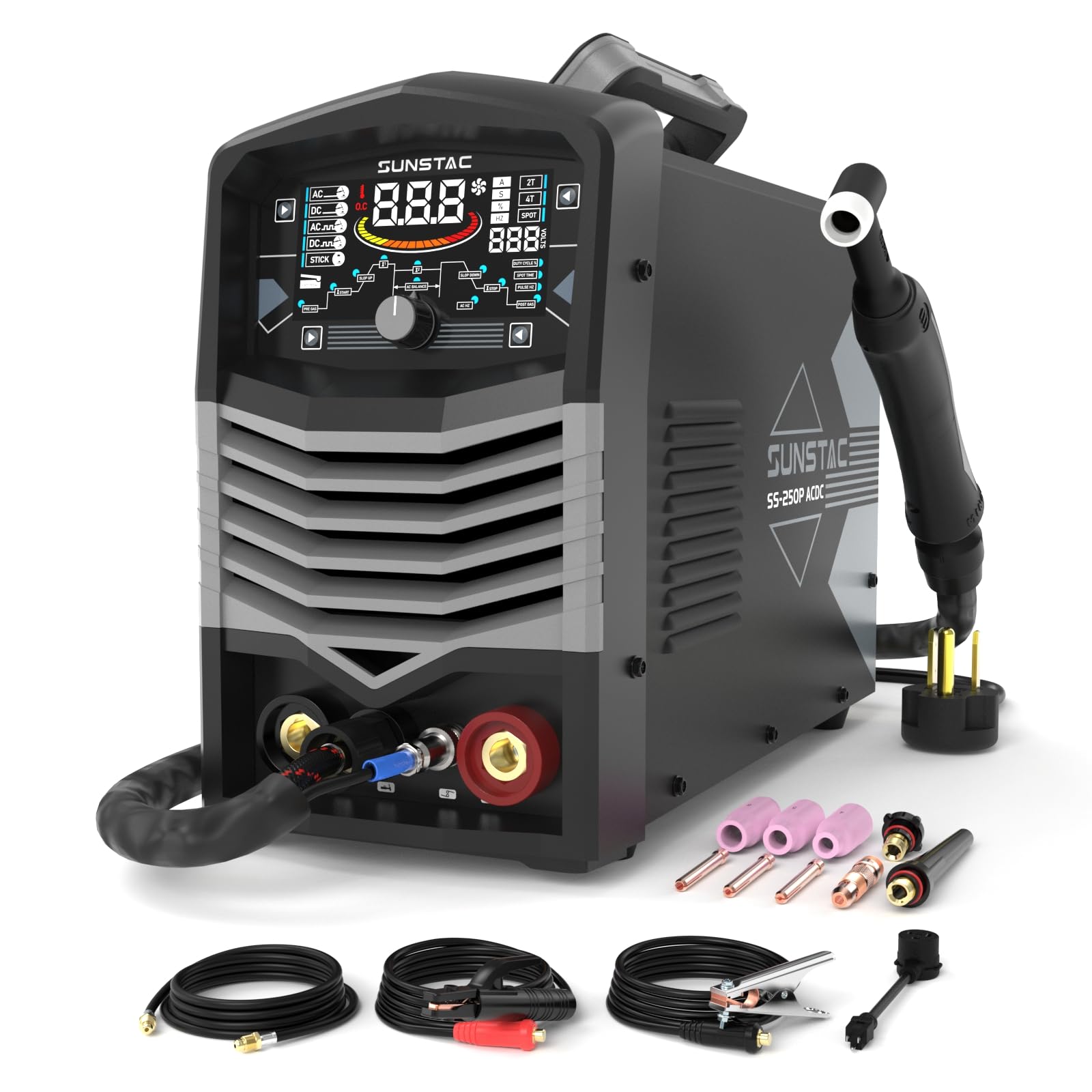 Sunstac 250A AC/DC Aluminum TIG Welder with Pulse, 110V/220V Dual Voltage TIG Welding Machine with DC TIG/AC TIG/Pulse TIG/SPOT TIG/Stick