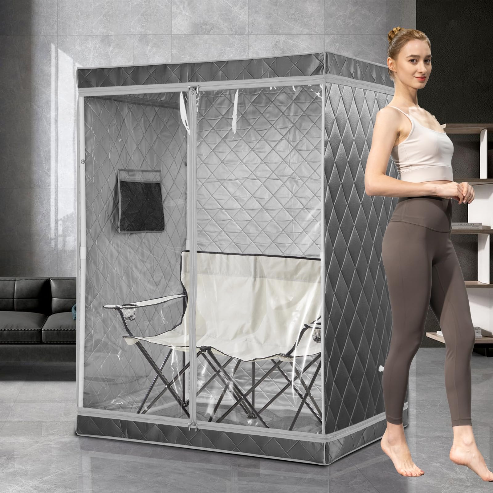 iDOTODO Full Size 2 Person Sauna Tent, Portable Steam Sauna Tent for Home, 2 Person Foldable Lightweight, Full Body Portable Sauna Tent for Home, 2 Person Foldable Chair, Steamer Not Included (Grey)