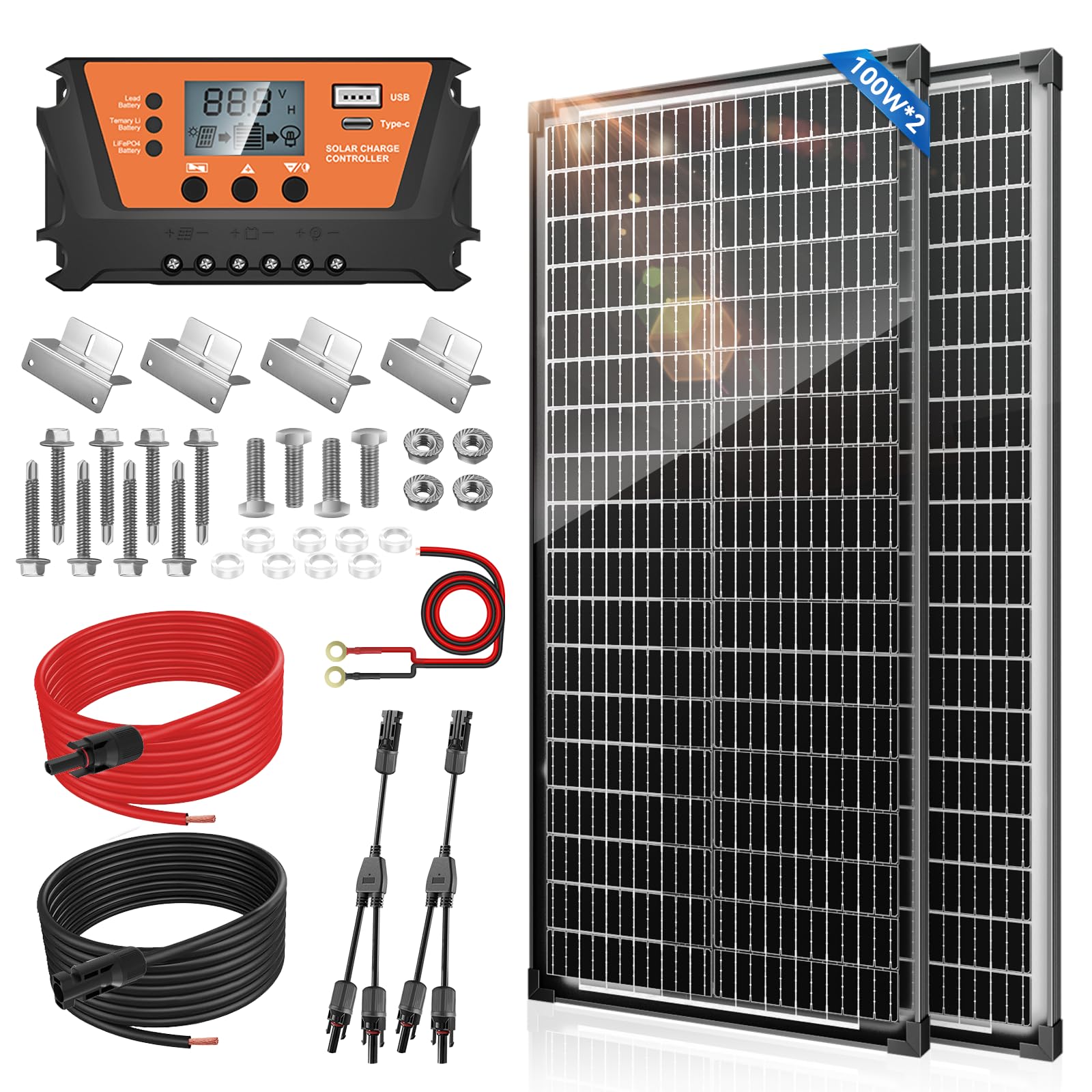 Bifacial 200W Solar Panels Kit Solar Panel with 30A PWM Charge Controller A+ Cell Cables Connectors Brackets Y Branch Adapter Cable for RV Boats Battery Marine Home Outdoor Off-Grid System