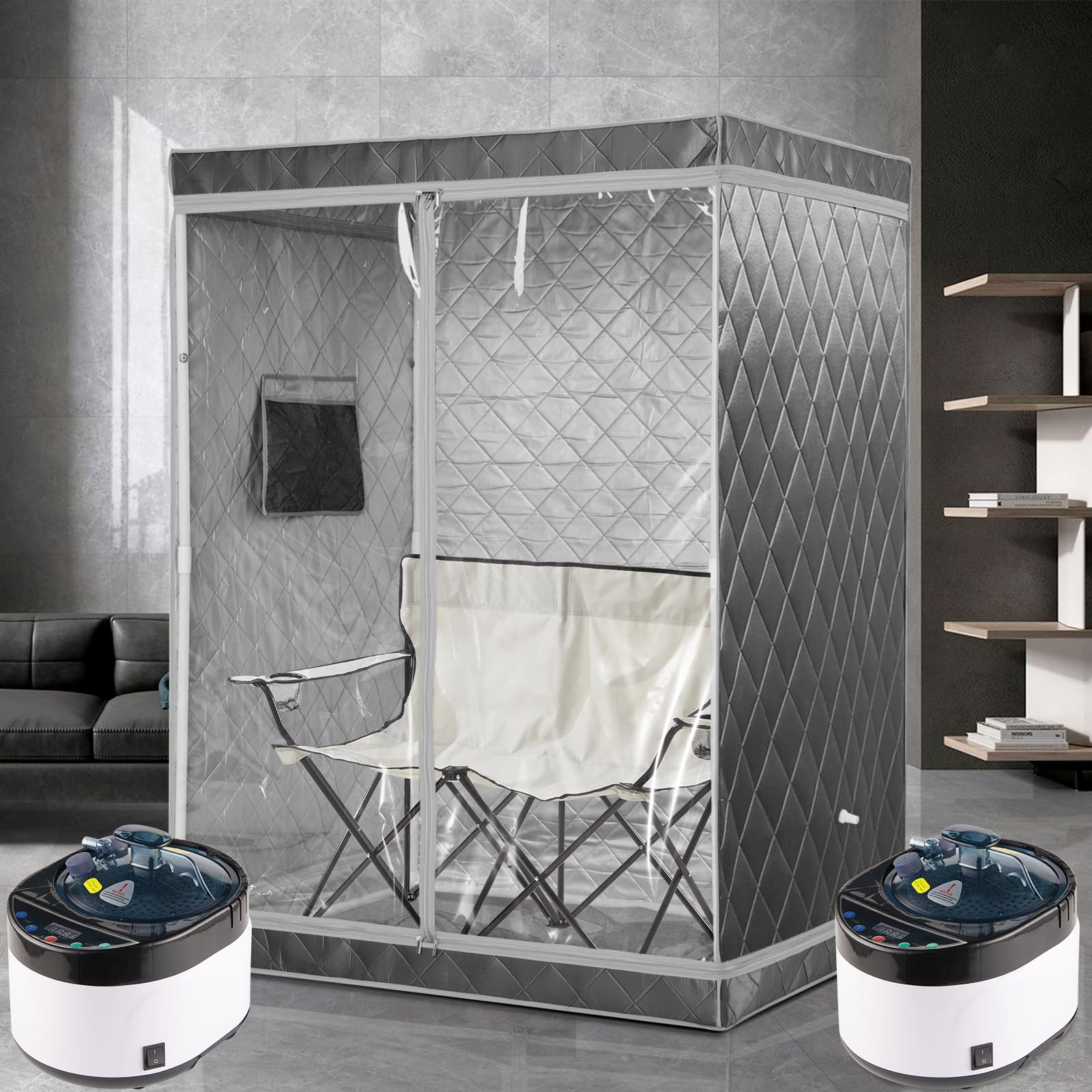iDOTODO Full Size 2 Person Sauna Tent, Portable Steam Sauna Tent for Home, 2 Person, Full Body Sauna Tent for Relaxation withTwo 4L Sauna Steamer Machine, 2 Person Foldable Chair(Grey)
