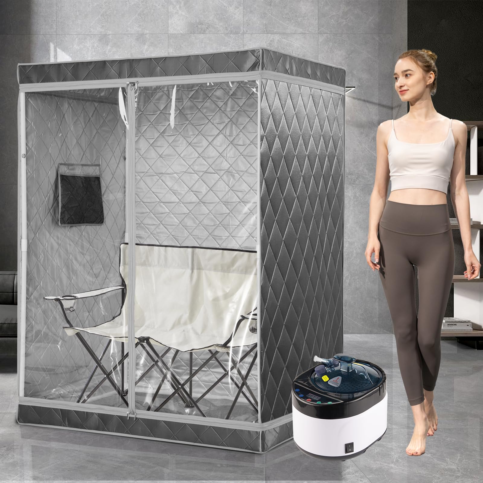 iDOTODO Full Size 2 Person Portable Sauna, Steam Sauna Set, Portable Sauna Tent for Home, 1 or 2 Person Full Body Sauna Tent for Relaxation, Steamer Not Included, 2 Person Foldable Chair(Grey)