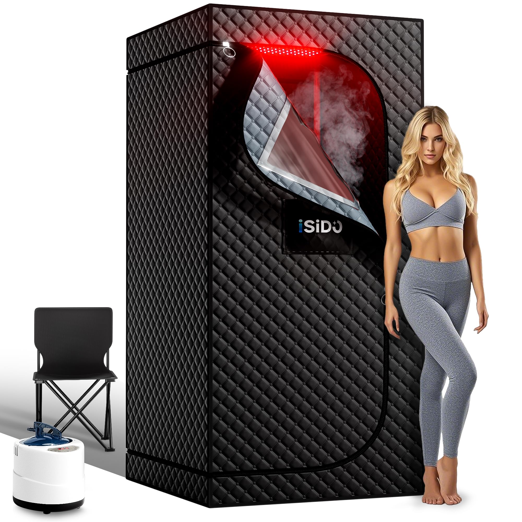ISIDO Portable Infrared Steam Sauna with 660nm Red Light Therapy& 850nm Infrared Light Device, 3L 1300W Steamer, Folding Chair, Full Body Personal Sauna Box Sauna Tent for Home Sauna