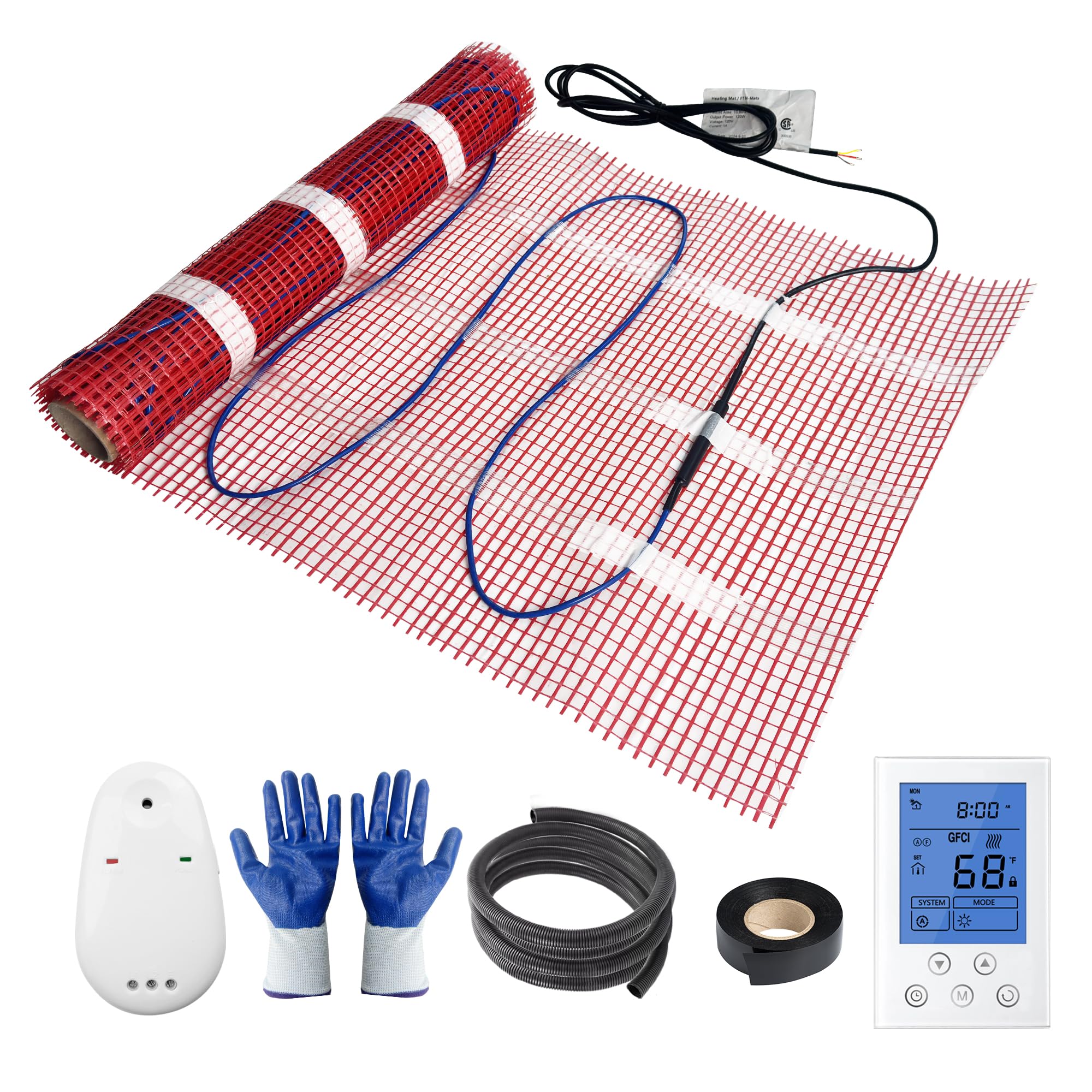 BLARALA Electric Radiant Floor Heating System, 20 Sq.ft Electric Heated Floor Mats for Bathroom, Includes Programmable Thermostat, Heat Mat, Installation Monitor, and Temperature Sensors.
